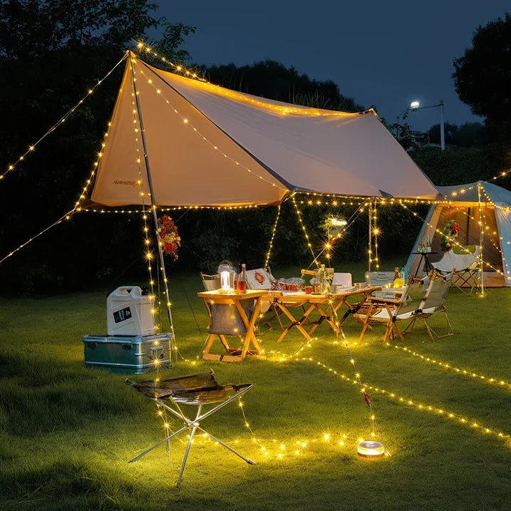 4-i-1 Camplight, vandtæt, multifunktionel, sort-guld, ideel til camping, natbelysning, integreret powerbank