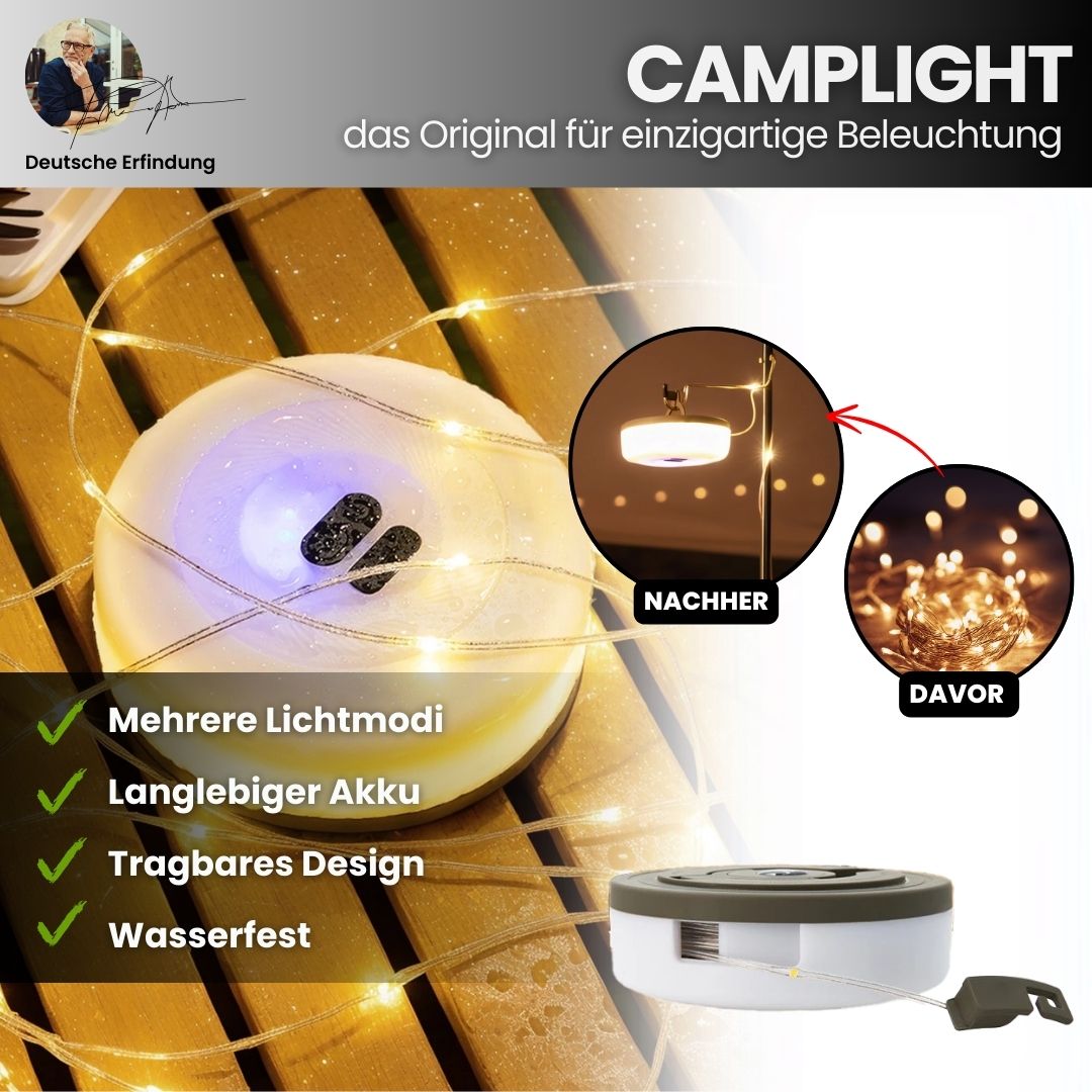 4-i-1 Camplight, vandtæt, multifunktionel, sort-guld, ideel til camping, natbelysning, integreret powerbank
