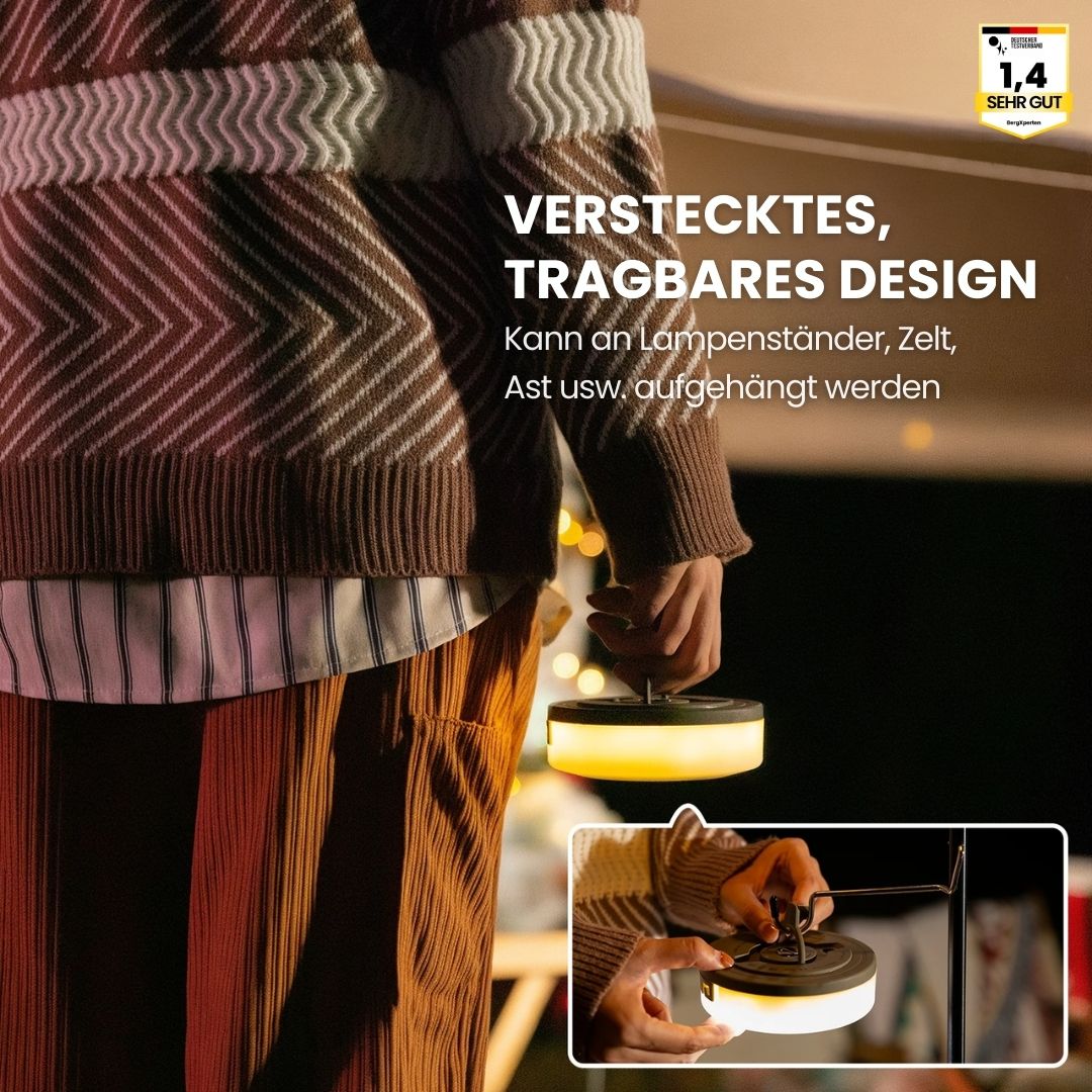 4-i-1 Camplight, vandtæt, multifunktionel, sort-guld, ideel til camping, natbelysning, integreret powerbank