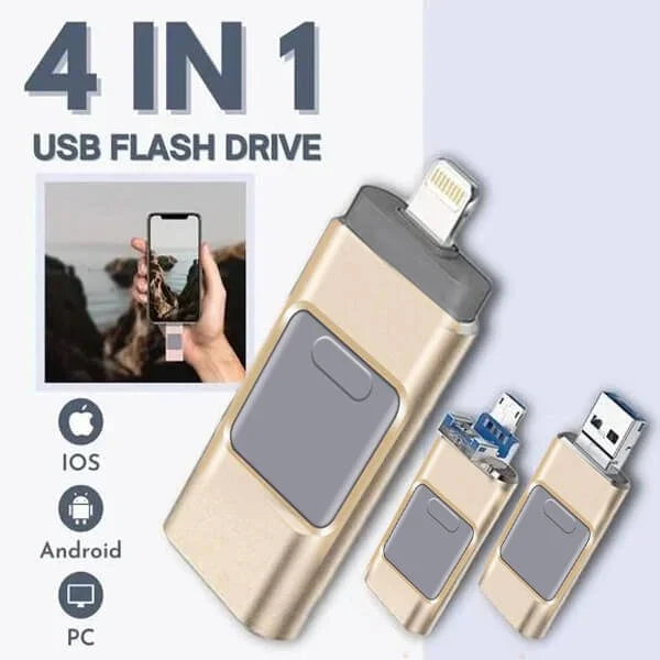 4-i-1 USB-flashdrev, multifunktionelt, høj hastighed, robust sølvhus, universel kompatibilitet.
