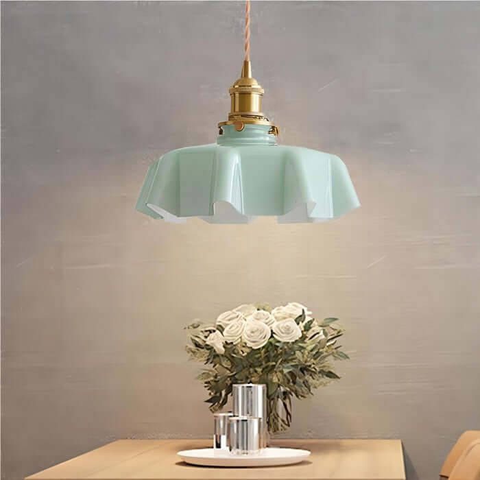 Retro Pendellampe i creme glas blomsterdesign