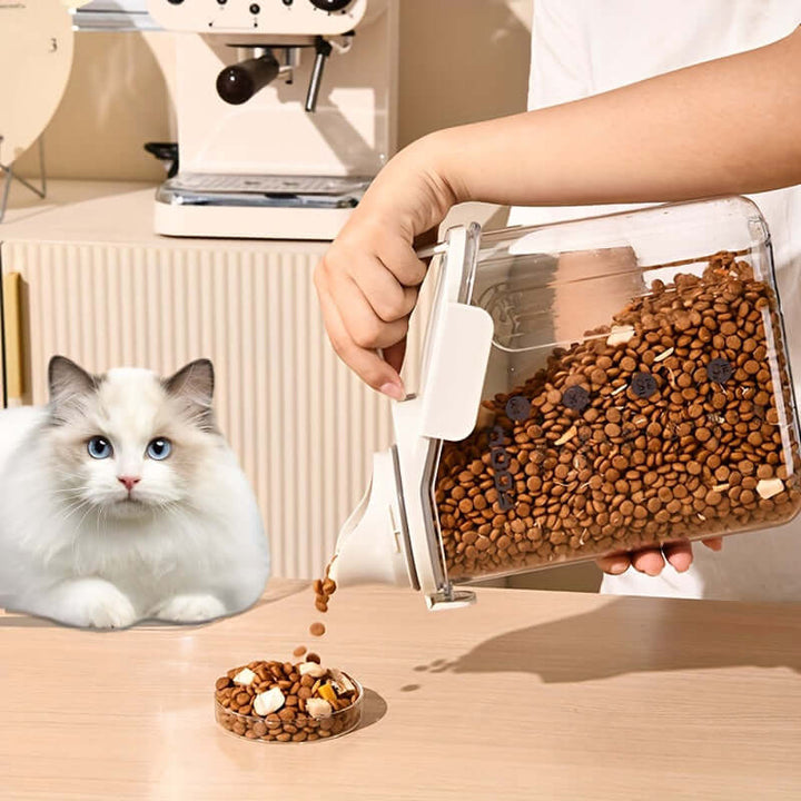 Lufttæt tørfoderbeholder til kæledyr med målebæger