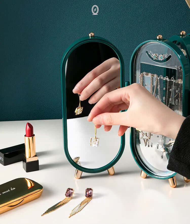 Sammenklappelig oval smykkeholder med spejl