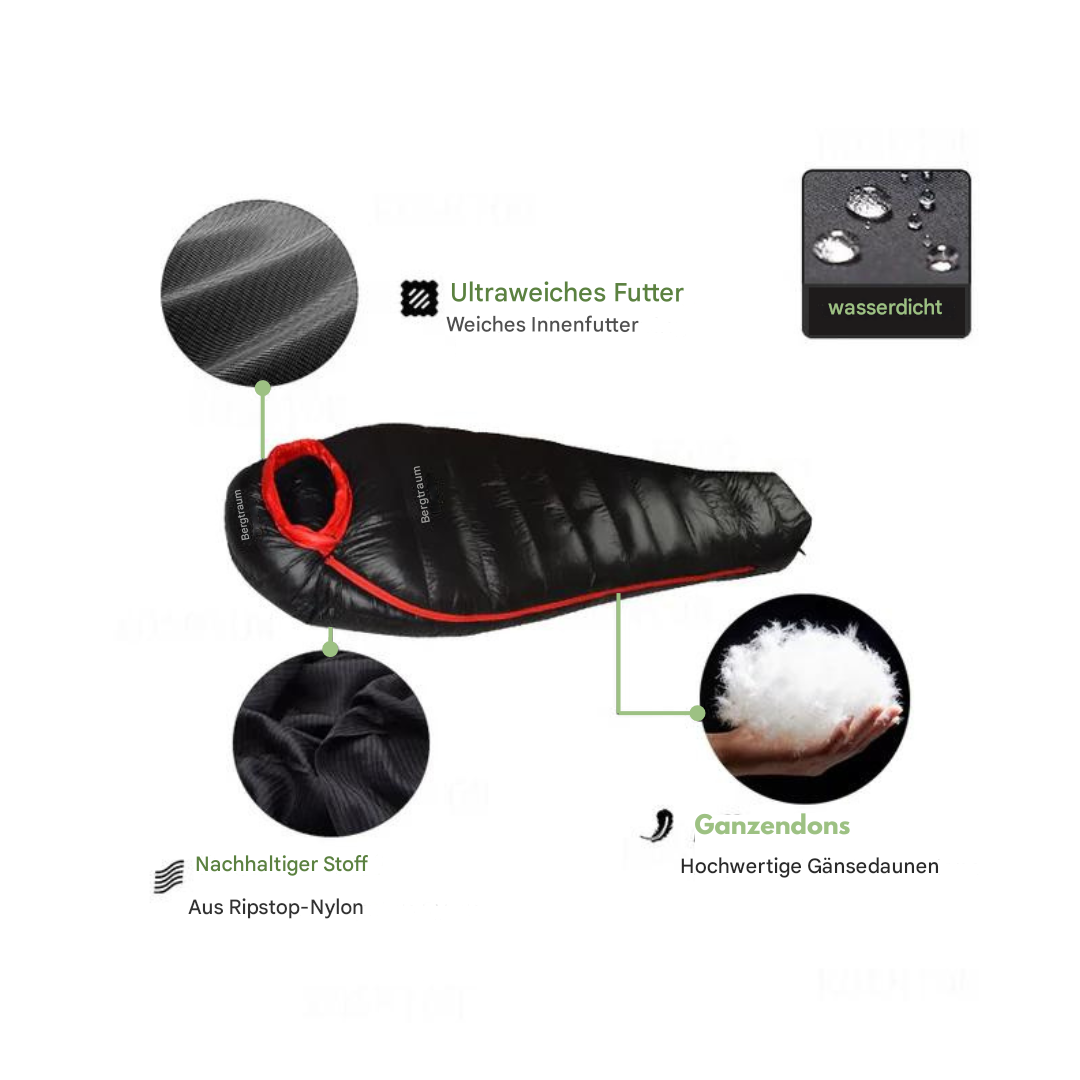 ArcticNest vintersovepose i sort, vandafvisende, isoleret med andedun, ideel til ekstreme temperaturer ned til -20°C, til camping