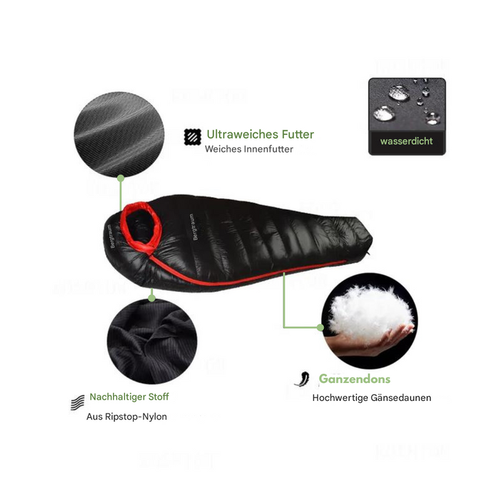 ArcticNest vintersovepose i sort, vandafvisende, isoleret med andedun, ideel til ekstreme temperaturer ned til -20°C, til camping