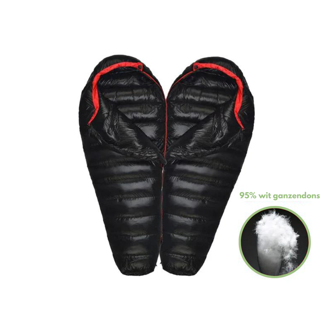 ArcticNest vintersovepose i sort, vandafvisende, isoleret med andedun, ideel til ekstreme temperaturer ned til -20°C, til camping