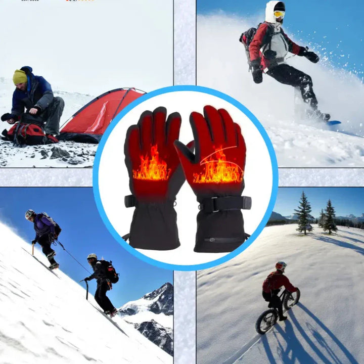 Opvarmede vinterhandsker, touchscreen-kompatible, sorte, vind- og vandtætte, ideelle til udendørs vinteraktiviteter.