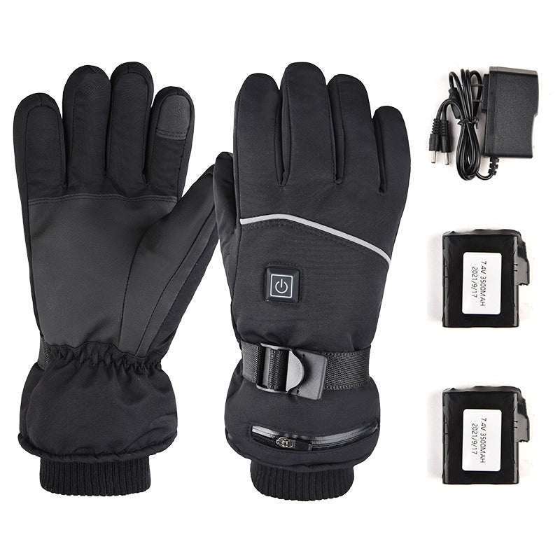 Opvarmede vinterhandsker, touchscreen-kompatible, sorte, vind- og vandtætte, ideelle til udendørs vinteraktiviteter.