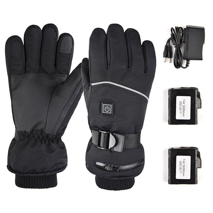 Opvarmede vinterhandsker, touchscreen-kompatible, sorte, vind- og vandtætte, ideelle til udendørs vinteraktiviteter.