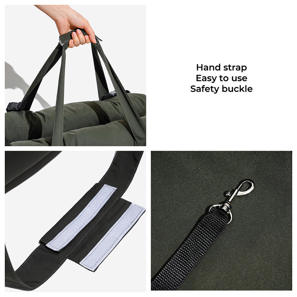 Behagelig, bærbar hundesæde seng i bil, egnet til rejser, med blød polstring og justerbare stropper.