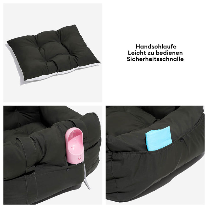 Behagelig, bærbar hundesæde seng i bil, egnet til rejser, med blød polstring og justerbare stropper.