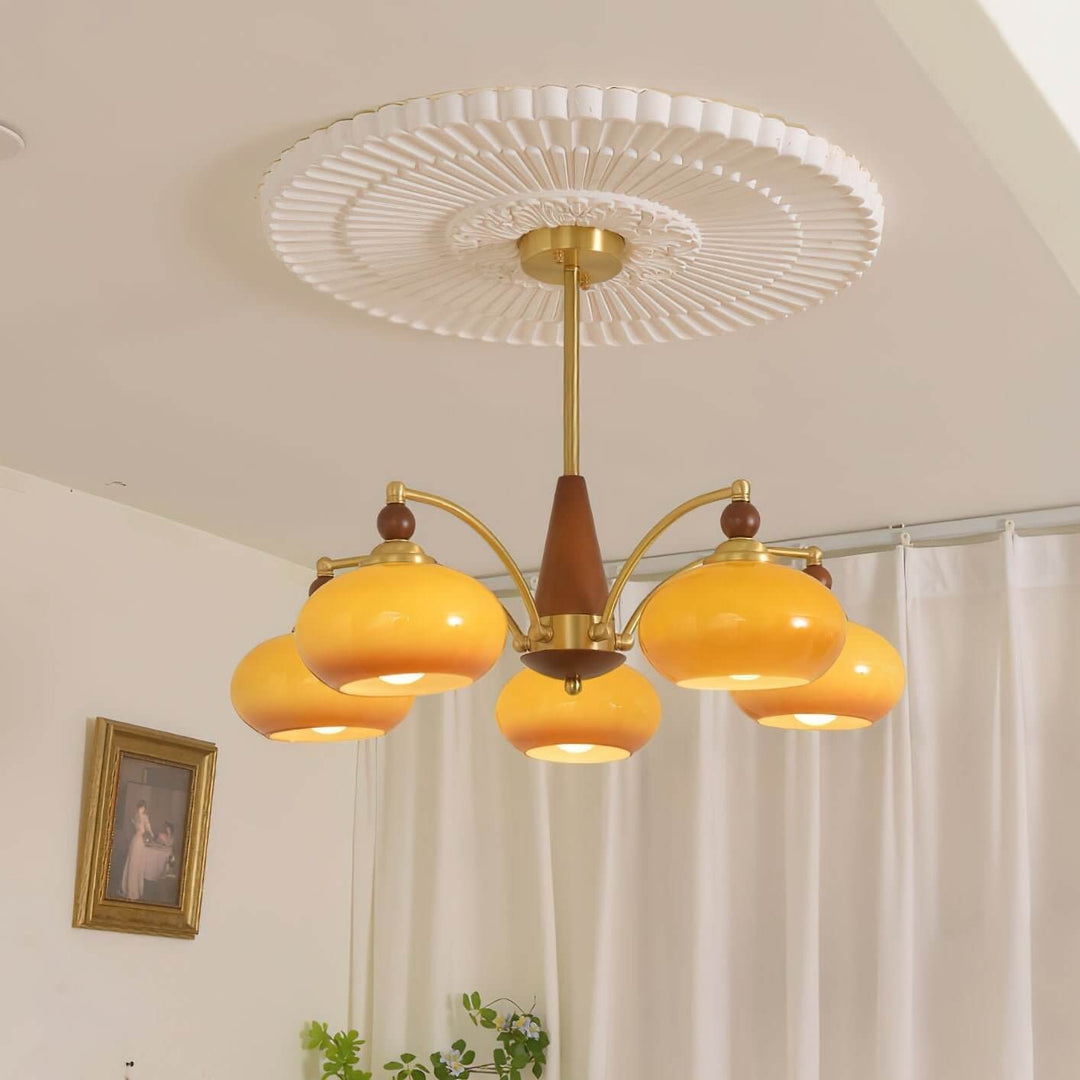 Elegant Retro Lysekrone i Træ og Messing