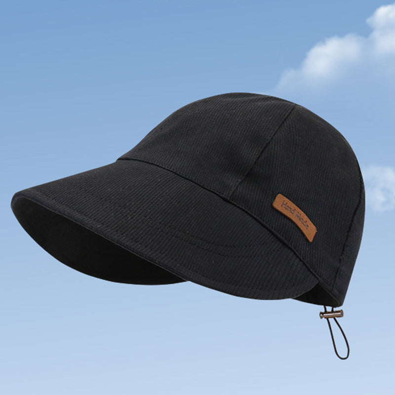 Kvinders UV-beskyttelseshat med bred skygge, foldbar, i sort, beige, khaki eller blå til udendørs aktiviteter.