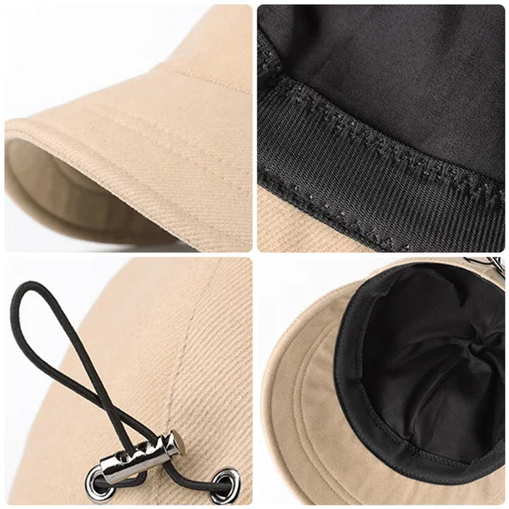 Kvinders UV-beskyttelseshat med bred skygge, foldbar, i sort, beige, khaki eller blå til udendørs aktiviteter.