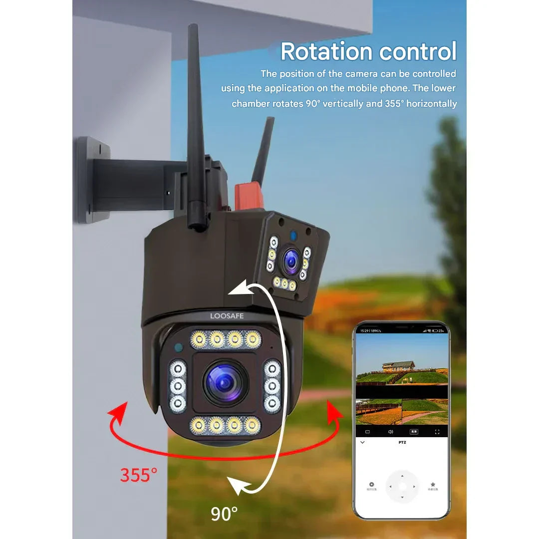 Trådløst 4K sikkerhedskamera med solpanel og dobbeltlinse, vejrbestandigt, sidevisning, Teknologi & Gadgets