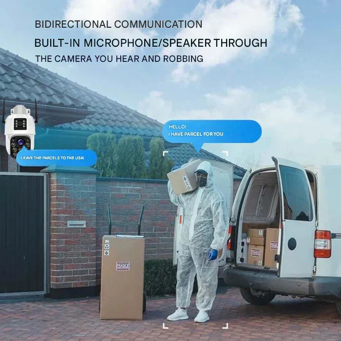 Trådløst 4K sikkerhedskamera med solpanel og dobbeltlinse, vejrbestandigt, sidevisning, Teknologi & Gadgets