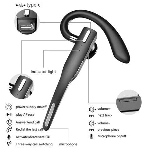 Trådløst Bluetooth 5.1 Headset i sort med dobbelt mikrofon og fleksibel ørebøjle til krystalklar kommunikation.