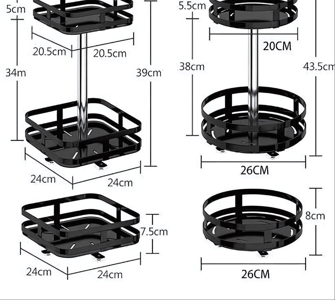 Drejelig, højdejusterbar opbevaringshylde i metal, ideel til køkken eller badeværelse, med moderne design.