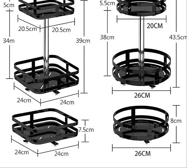 Drejelig, højdejusterbar opbevaringshylde i metal, ideel til køkken eller badeværelse, med moderne design.