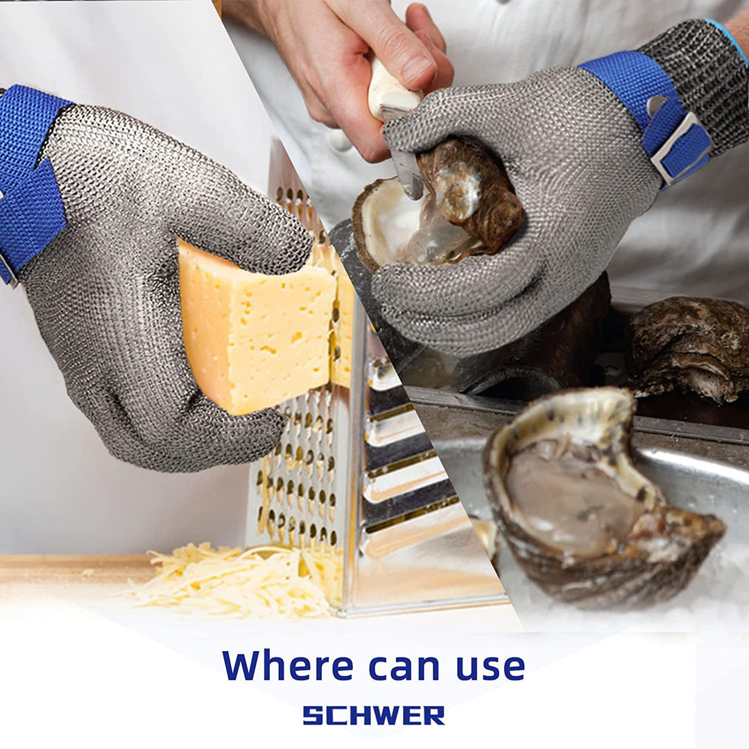 Skærefast handske i rustfrit stål, grå, med ANSI A9 beskyttelse, ideel til køkken og kødforarbejdning