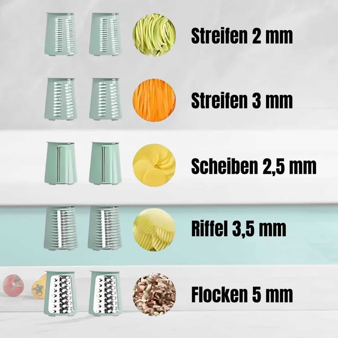 Effektiv kompakt køkkenrive i grøn, robust design til sikker snitning og rivning af grøntsager og frugt.