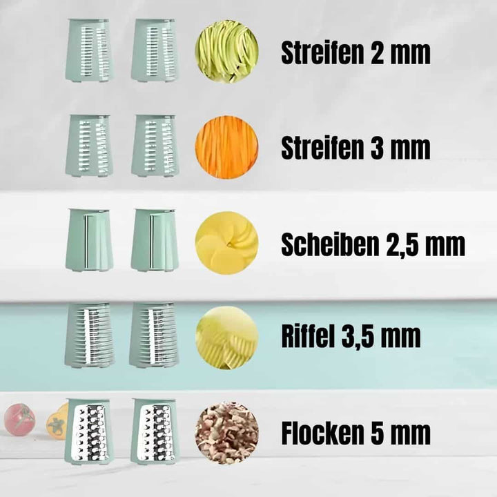 Effektiv kompakt køkkenrive i grøn, robust design til sikker snitning og rivning af grøntsager og frugt.