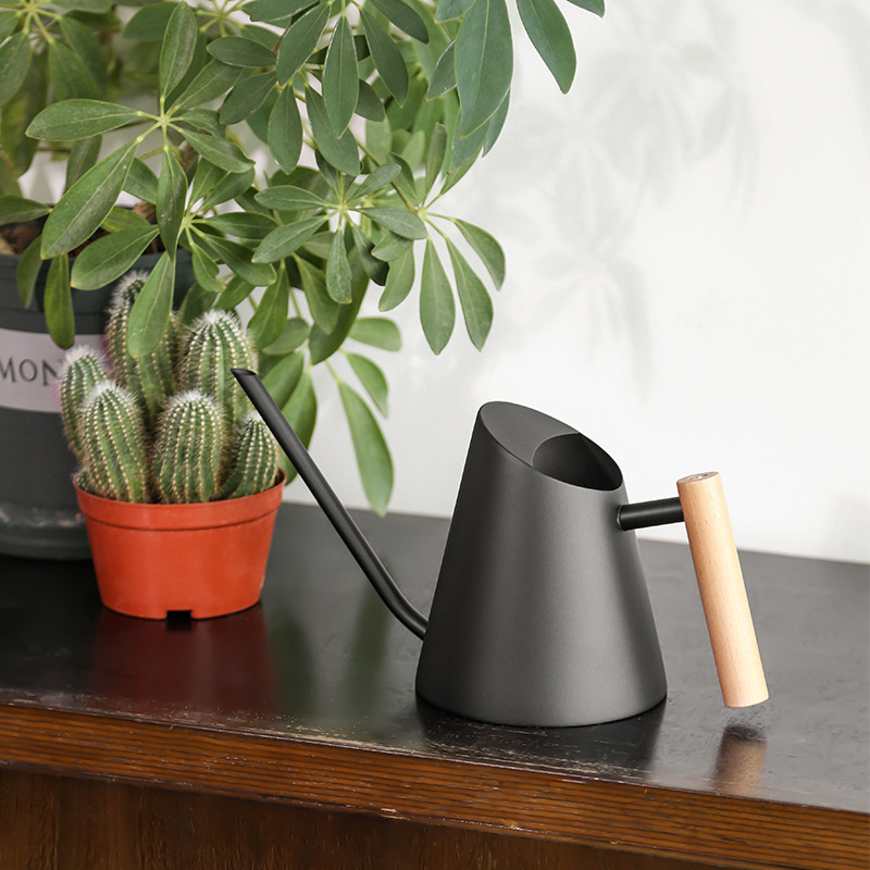 Elegant vandkande med ergonomisk træhåndtag, ideel til stilfuld vanding i haven. Mat sort, holdbar, 900 ml kapacitet.