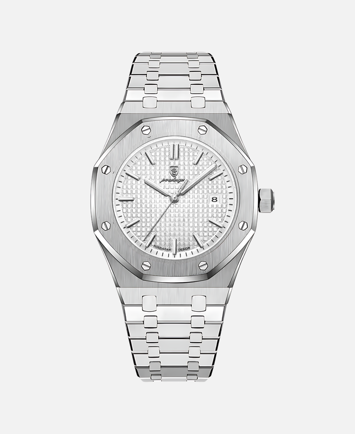 Elegant herrearmbåndsur, 41 mm rustfrit stål, tidløst design, minimalistisk urskive, ridsefast og vandtæt.