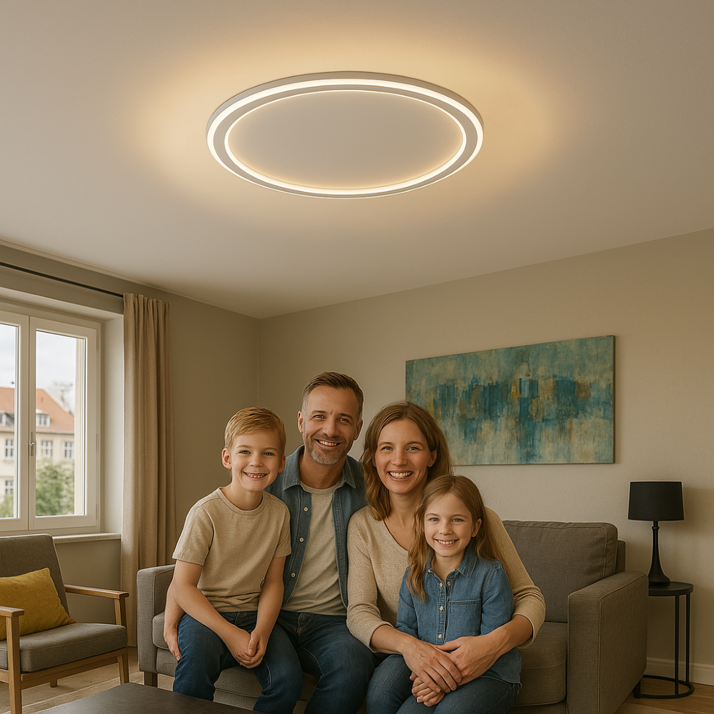 Elegant skandinavisk LED-loftslampe, dæmpbar, rund, i moderne spisestue, varmt hvidt lys, 40 cm diameter.