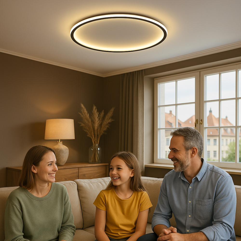 Elegant skandinavisk LED-loftslampe, dæmpbar, rund, i moderne spisestue, varmt hvidt lys, 40 cm diameter.
