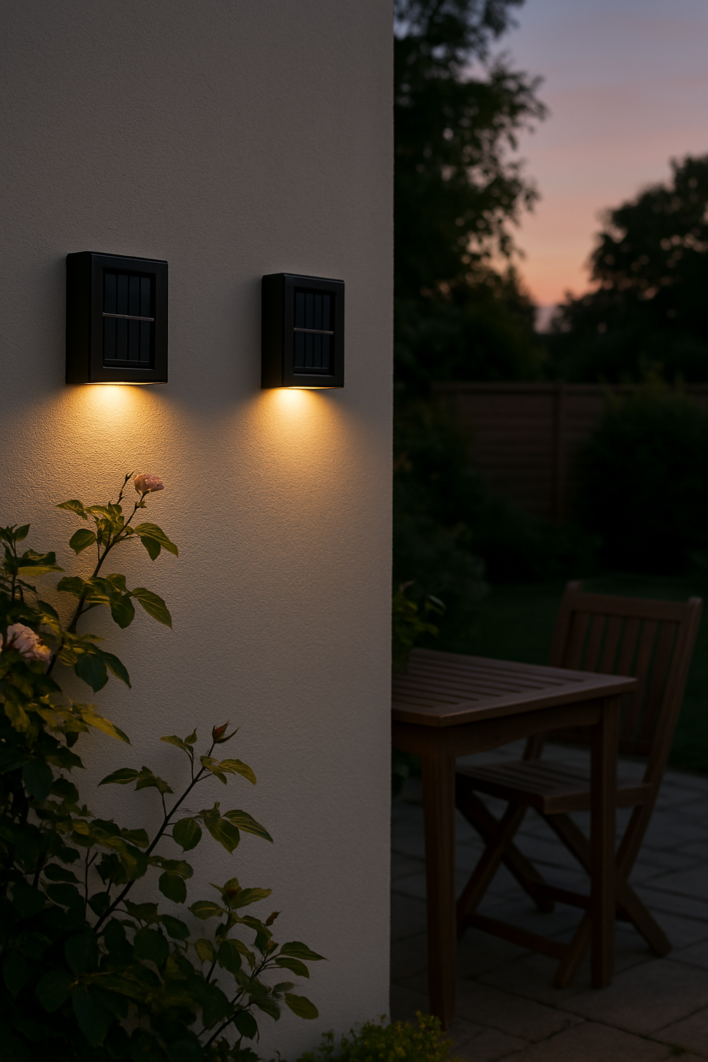 Elegant soldrevet LED-væglampe med varmhvidt lys, vejrbestandig til terrasse og havebelysning.