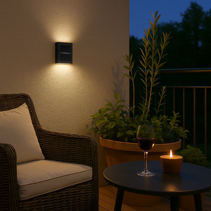 Elegant soldrevet LED-væglampe med varmhvidt lys, vejrbestandig til terrasse og havebelysning.