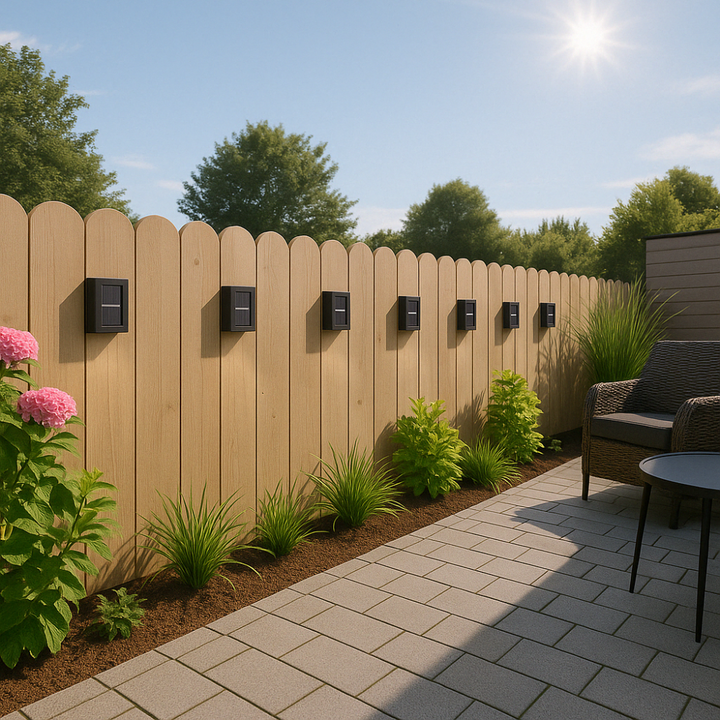 Elegant soldrevet LED-væglampe med varmhvidt lys, vejrbestandig til terrasse og havebelysning.