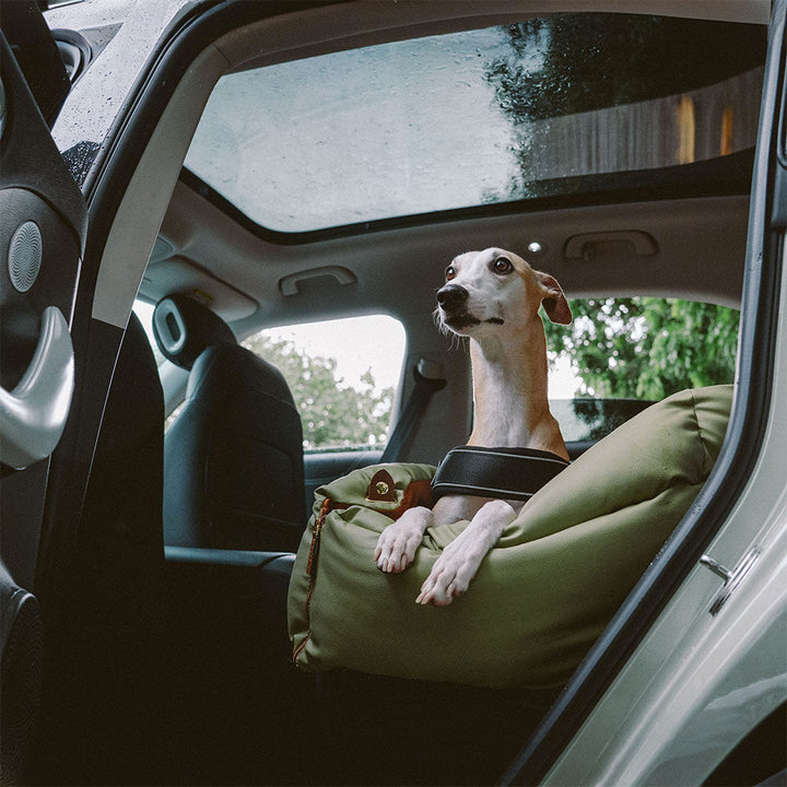 Eleganter Kunstleder-Hundeautositz in Schwarz, komfortabel mit Sicherheitsleinen und Polsterung, stilvoll für Reisen.