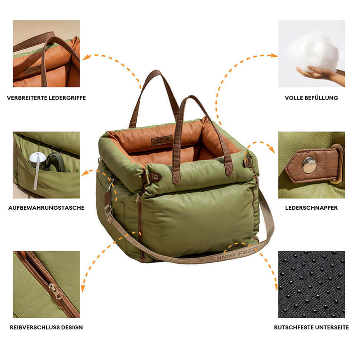 Elegant autostol i kunstlæder til hunde i sort, komfortabel med sikkerhedssele og polstring, stilfuld til rejser.