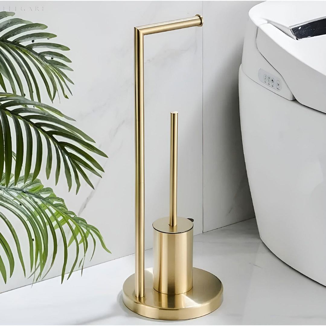 Stilfuld, sort toiletpapirholder med integreret toiletbørste; moderne og pladsbesparende design til badeværelset