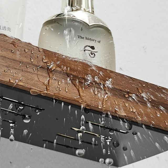 Elegant massivtræ badeværelseshylde, uden boring, moderne design, robust, variabel i størrelse og farve, monteret på badeværelset.