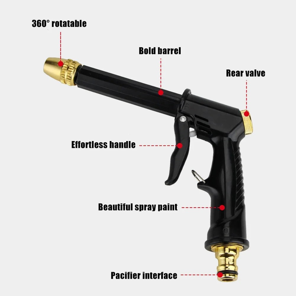 Ergonomisk højtryksvandpistol lavet af ABS og aluminium, kompatibel med haveslanger, ideel til alsidig rengøring.