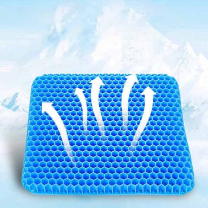 Ergonomisk gel siddepude med skridsikker underside og åndbart materiale, ideel til kontor- og bilsæder.