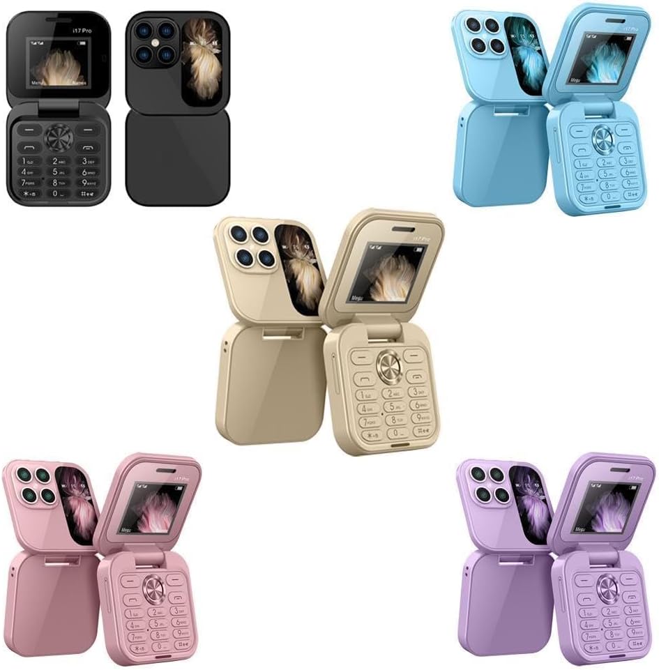 Sammenfoldelig mini-telefon med klapdesign, dobbelt SIM-brug og LED-lommelygte i elegant sort.