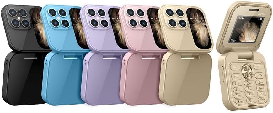 Sammenfoldelig mini-telefon med klapdesign, dobbelt SIM-brug og LED-lommelygte i elegant sort.