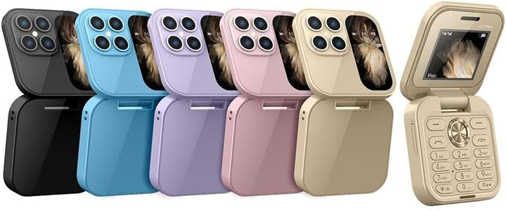 Sammenfoldelig mini-telefon med klapdesign, dobbelt SIM-brug og LED-lommelygte i elegant sort.