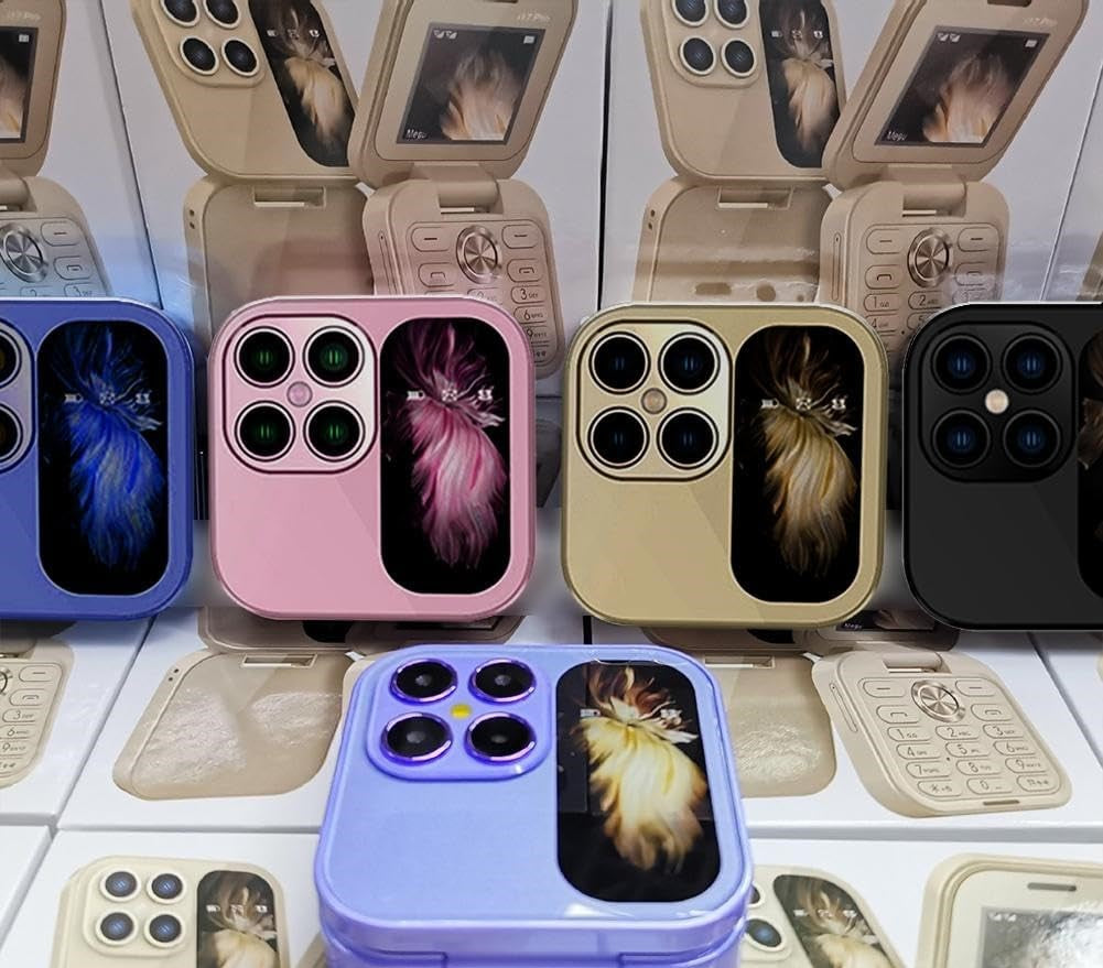 Sammenfoldelig mini-telefon med klapdesign, dobbelt SIM-brug og LED-lommelygte i elegant sort.