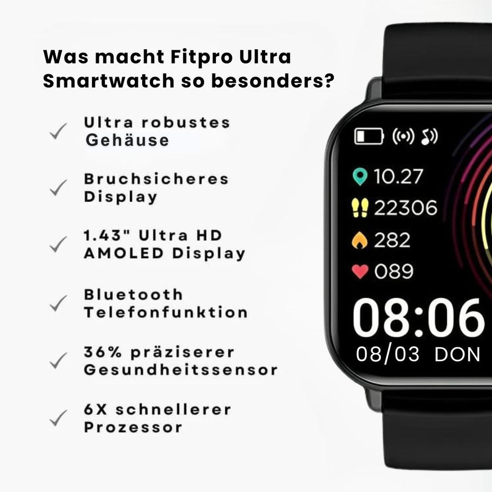 Fitpro Ultra Smartwatch 2025 i elegant design, 11 sundhedsparametre, IP68 vandtæt, fitness og sundhed