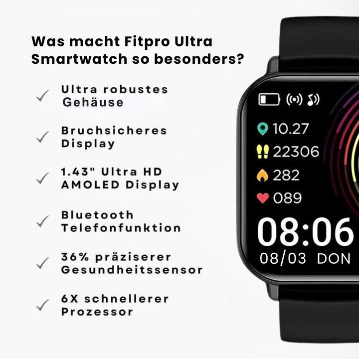 Fitpro Ultra Smartwatch 2025 i elegant design, 11 sundhedsparametre, IP68 vandtæt, fitness og sundhed