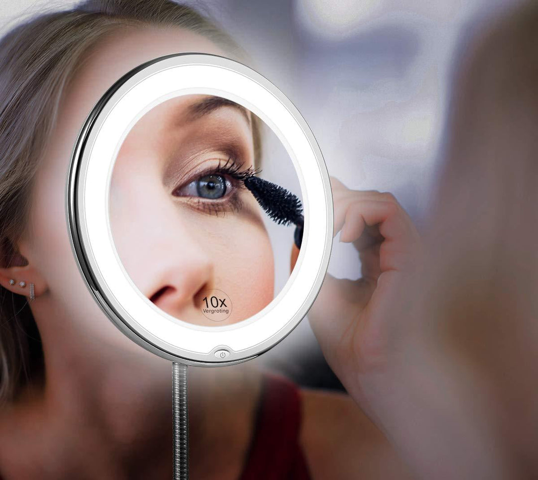 Fleksibel svanehals LED forstørrelsesspejl 10x, stilfuldt design, ideelt til præcis makeup og pleje.