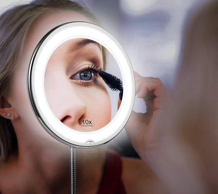 Fleksibel svanehals LED forstørrelsesspejl 10x, stilfuldt design, ideelt til præcis makeup og pleje.