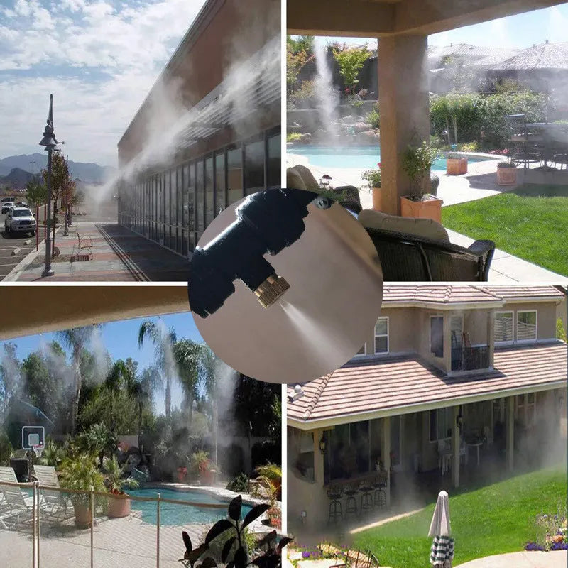 Fleksibelt sprøjtevandingssystem, grøn slange med jævne sprøjtedyser, ideel til haveforfriskning på sommerdage.