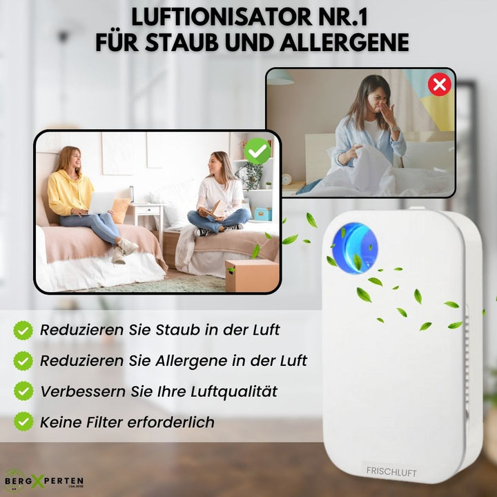 FrischLuft Pro Ionisator, kompakt luftrenser; reducerer allergener, støv & lugte, ren luft til hjemmet.