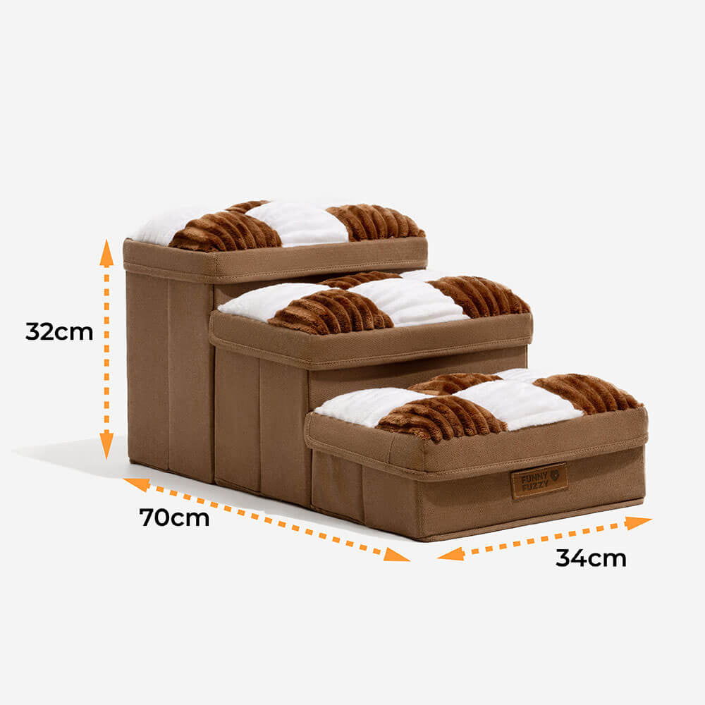 Håndlavet, grå hundetrappe med opbevaring, der støtter led, er skridsikker og ideel til ældre hunde og boligindretning.